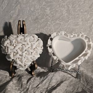 Porcelain Bisque Rose Heart Shaped Trinket Box Modern Contemporary Secret Open